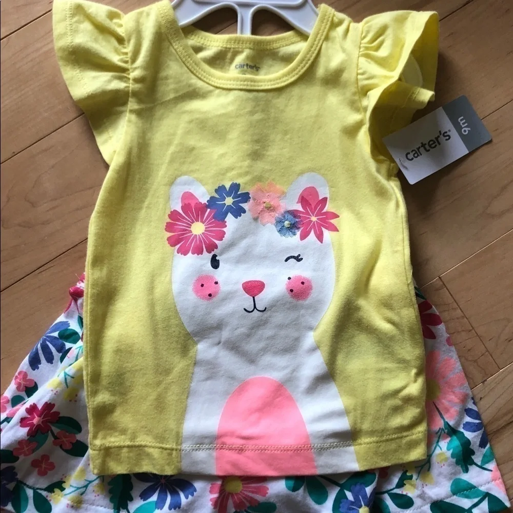 NWT Carter’s yellow baby girl cat floral ruffle shirt and skort outfit 9 months